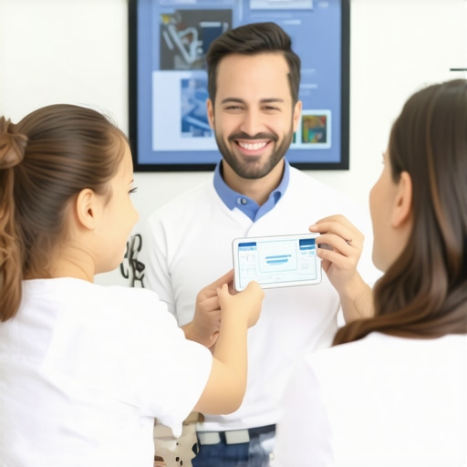 Family dentist explaining treatment options with digital tools to a family in a welcoming clinic