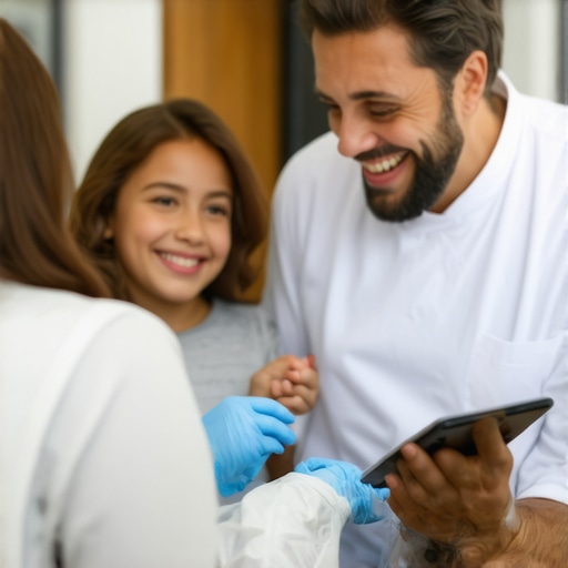 Family discussing dental treatment options with a friendly dentist in a high-tech dental office.