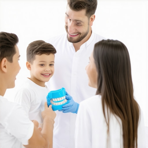 Family dentist discussing crowns and Invisalign treatment options with a family in a clinic
