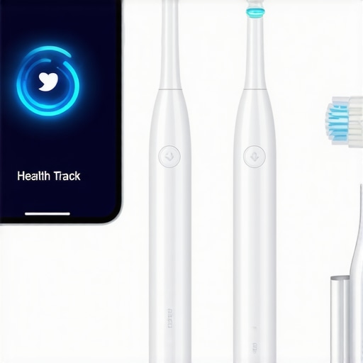A collection of advanced dental care tools including an electric toothbrush, water flosser, and smartphone for oral health monitoring.