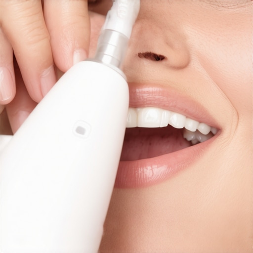 Person brushing teeth with an electric toothbrush showing real-time feedback.