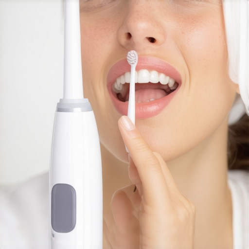 Person demonstrating use of ultrasonic toothbrush and water flosser for optimal dental care.
