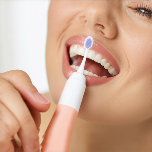 Person cleaning teeth with electric toothbrush and water flosser, emphasizing dental care for crowns and Invisalign