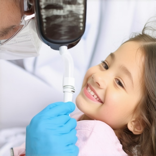 Family dentist performing dental examination on a child using digital X-ray in a modern clinic.