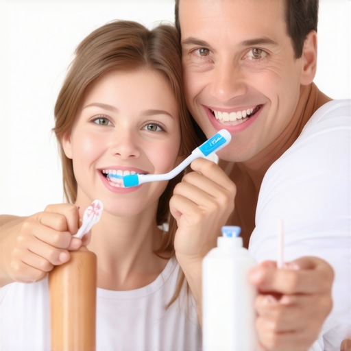 Family brushing teeth together to promote oral health