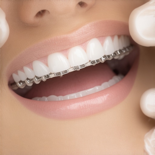Dentist fitting a crown and Invisalign aligners during a dental appointment