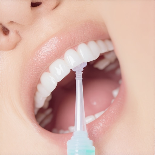 Person demonstrating water flosser cleaning around dental crowns and Invisalign aligners.