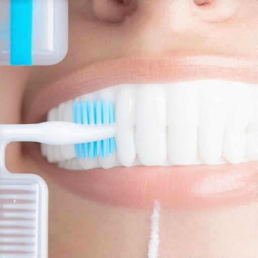 Person cleaning Invisalign trays with a toothbrush and cleaning solution