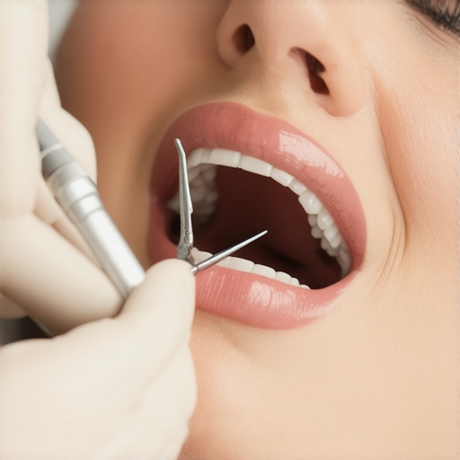 Close-up of a dentist using tools to examine a patient's oral cavity.