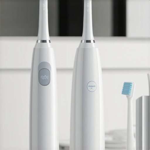 Ultrasonic toothbrush and water flosser on a bathroom counter ready for use.