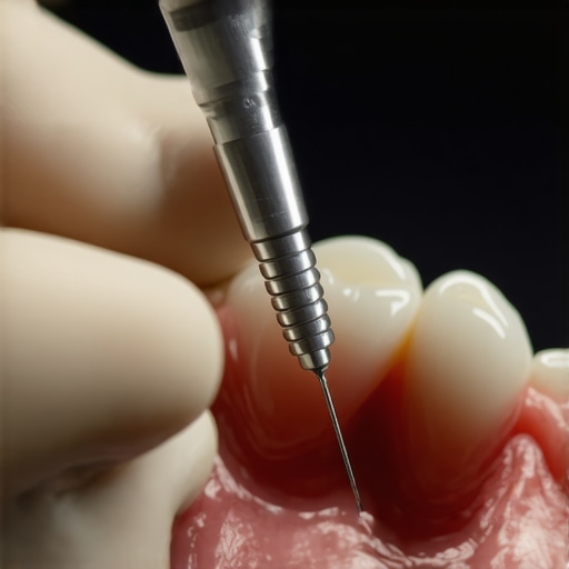 Dentist carefully placing a dental crown on a patient's tooth in a clinical setting
