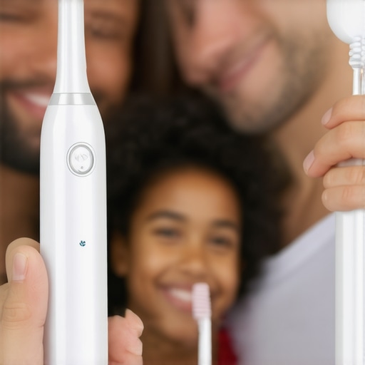 Family members brushing teeth with high-tech toothbrushes at home