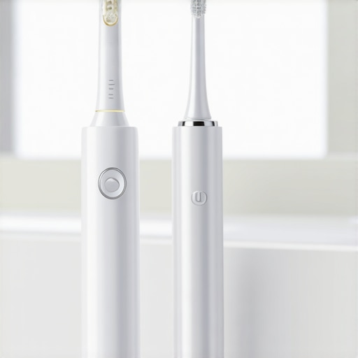 Electric toothbrush and water flosser on a bathroom counter demonstrating advanced dental maintenance tools.