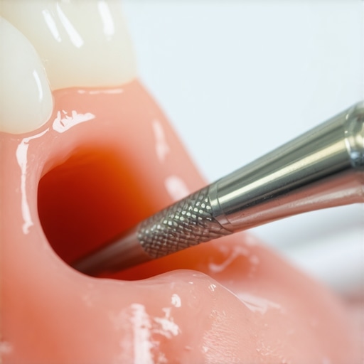 Dentist polishing a patient's dental crown with professional tools.