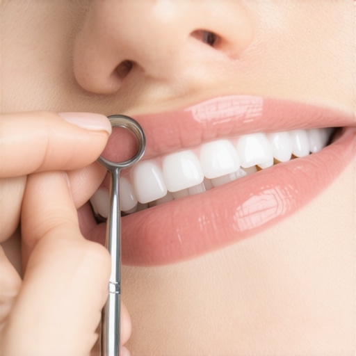 Dentist inspecting a dental crown in a patient's mouth.