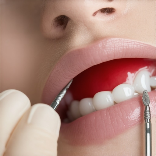 Dentist inspecting a dental crown with tools during a check-up