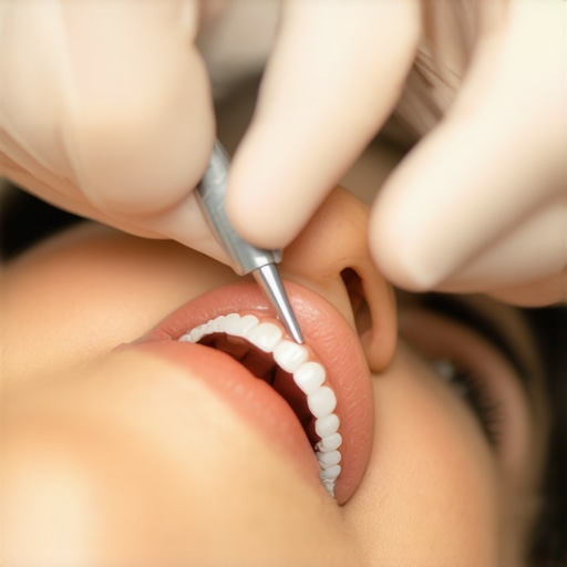 Expert dental crown adjustment Dentist fitting a bio-ceramic crown on a patient's tooth