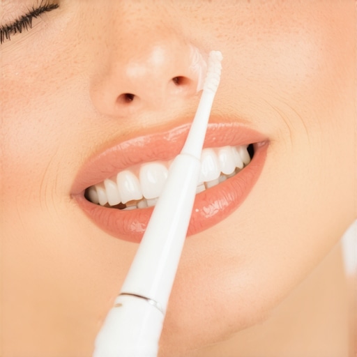 A person demonstrating the use of ultrasonic toothbrush and water flosser to maintain oral health