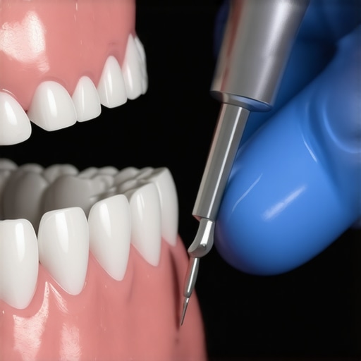 Dental hygienist using ultrasonic scaler on crown in clinical setting