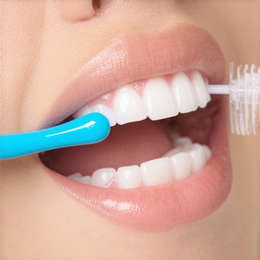 Person gently brushing Invisalign attachments on teeth with a soft toothbrush