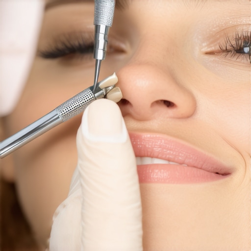Dentist examining a patient's dental crown with tools