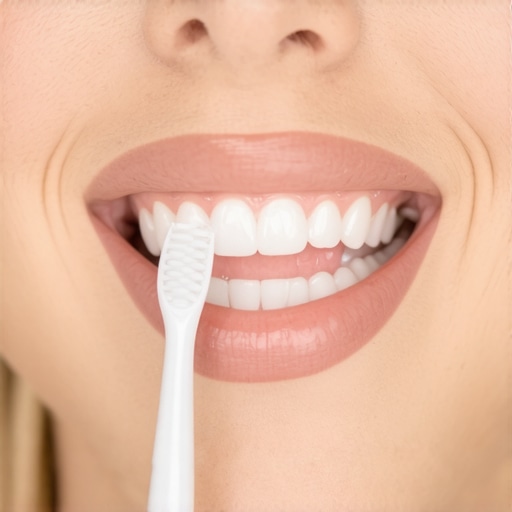Person cleaning their teeth with a sonic toothbrush around dental crowns and aligners.