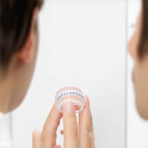 Person pressing aligners with Chewies in front of a mirror to improve fit
