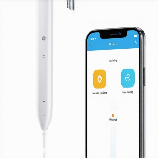 A dentist's hand using an ultrasonic scaler on a patient's teeth with a smartphone app displaying dental health data.