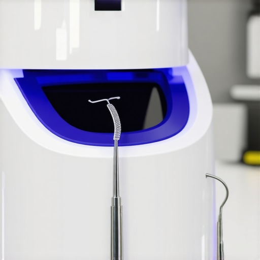 Close-up of ultrasonic cleaning device used for dental biofilm removal around crowns.