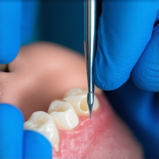 Dentist inspecting a dental crown during a checkup.