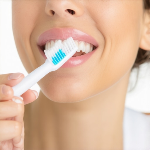 Person cleaning Invisalign trays with brush and enzyme cleaner in bathroom.