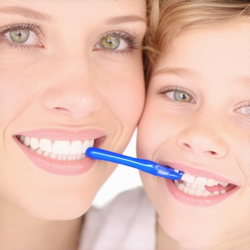A parent helping their toddler brush teeth with a smile, promoting good oral hygiene
