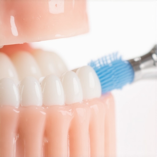 Person cleaning Invisalign trays with a soft brush and cleaning solution.
