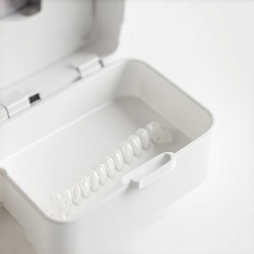 A close-up of a hygienic, sturdy case with Invisalign trays inside on a bathroom counter.