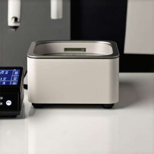 A professional ultrasonic cleaner device disinfecting dental retainers and aligners.