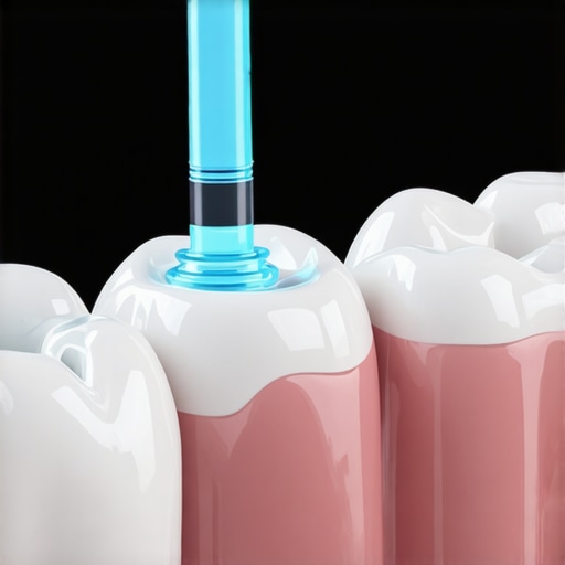 A close-up of an ultrasonic water flosser cleaning dental crown area, emphasizing high-tech oral hygiene equipment.