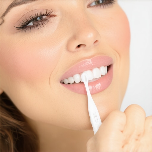 Advanced Dental Care Equipment Person demonstrating use of ultrasonic toothbrush and water flosser for oral health