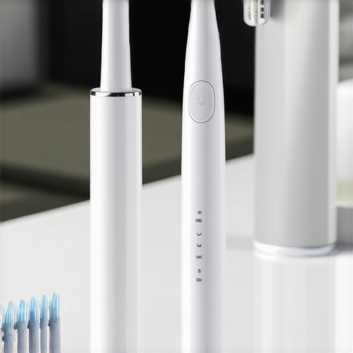 A collection of modern dental health equipment, including an electric toothbrush, water flosser, whitening device, and mirror, arranged on a bathroom counter.