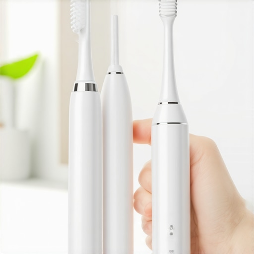 Person using electric toothbrush and water flosser for oral health care.