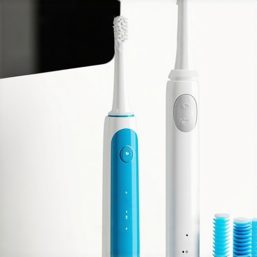 A modern sonic toothbrush and water flosser on a bathroom counter, highlighting tools used for maintaining dental health.