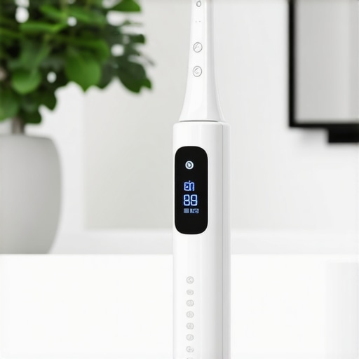 A sleek, modern electric toothbrush with a digital display showing cleaning metrics on a bathroom countertop