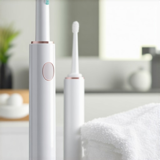 Person demonstrating ultrasonic toothbrush and water flosser for dental maintenance
