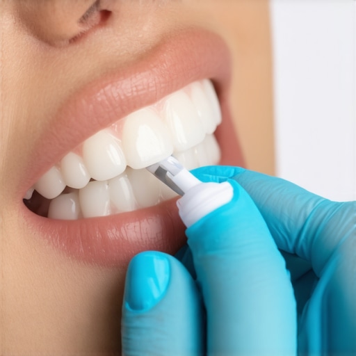 Person fixing a chipped front tooth using a dental repair kit.