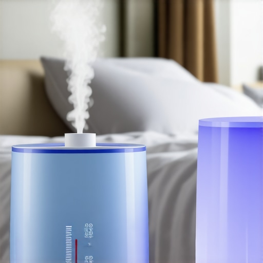 Humidifier and hygrometer in a bedroom environment showing moisture control to prevent dry mouth