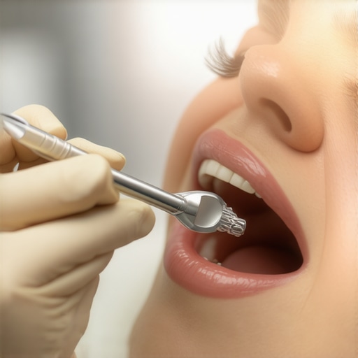 Dentist examining a dental implant during a routine checkup