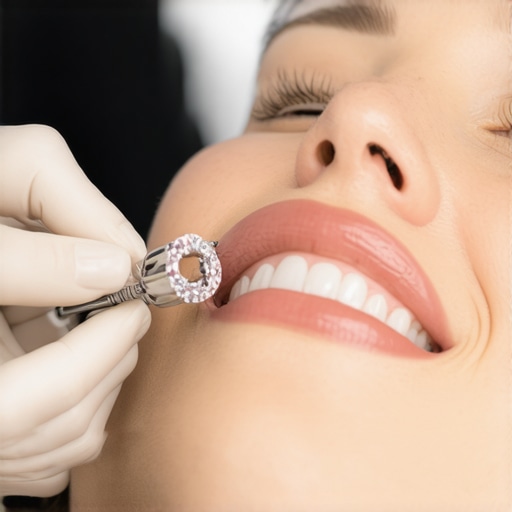 Dental Crown Explanation Dentist showing a patient a model of a dental crown placement