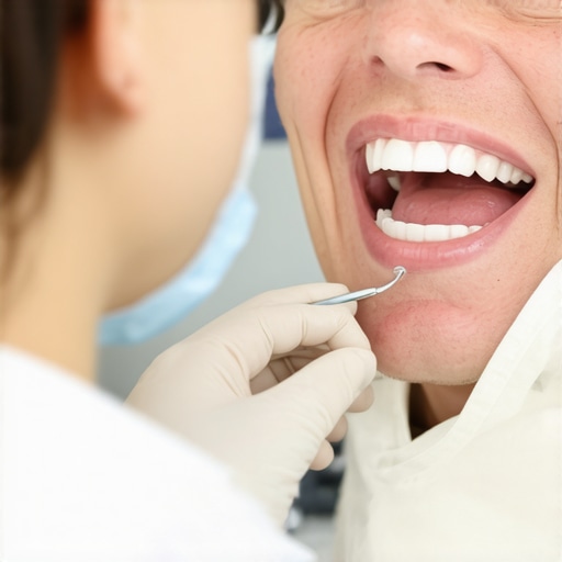 Dentist showing patient mouth diagram with dental tools