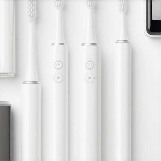A collection of advanced dental hygiene tools including an electric toothbrush, interdental brushes, and intraoral scanner
