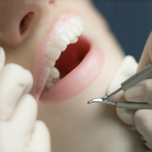 A dentist examining a patient's dental crown with dental tools.