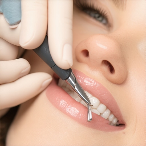 Dentist carefully adjusting a dental filling in a patient's mouth